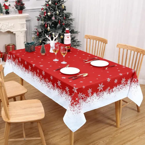 Miniatura 10 de CAROMIO Mantel redondo de Navidad de 60 pulgadas, mantel de Navidad con copos de nieve rojos, mantel decorativo de interior para exteriores