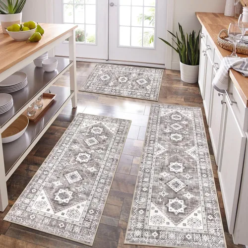 Miniatura 34 de HEBE - Juego de alfombras de cocina bohemias de 3 piezas con corredor, alfombras de cocina antideslizantes y tapetes lavables para piso de cocina