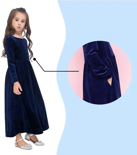 Miniatura 3 de GAZIAR Vestido largo de terciopelo con bolsillos para niñas, vestido casual de manga larga, vestido de fiesta para vestido de noche, Navidad, boda