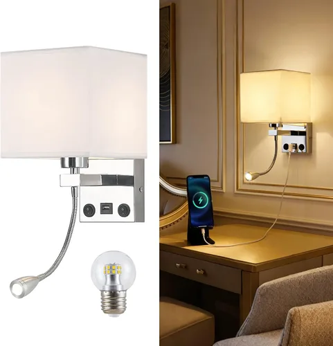 Apliques de pared con cableado moderno para dormitorio con puerto USB y lámpara de lectura, lámparas de pared de noche para hotel, sala de estar,