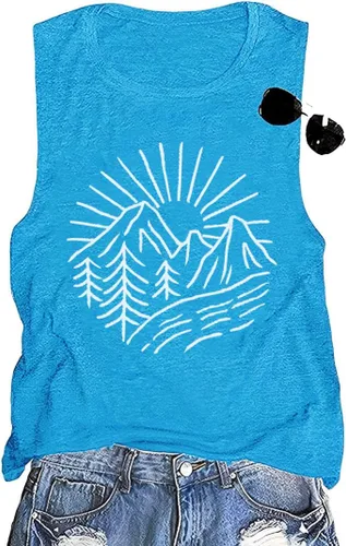 Miniatura 93 de Camisetas sin mangas de senderismo y montaña para mujer, divertidas camisetas de entrenamiento con gráficos de pino y amanecer, camisetas de verano