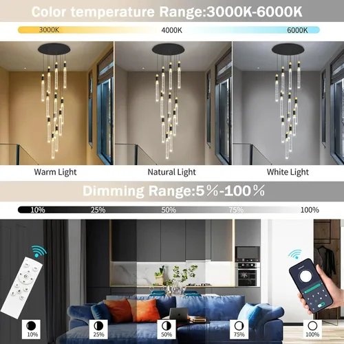 Miniatura 4 de Lámpara de araña moderna de 118 pulgadas con 12 luces para sala de estar, luminaria LED regulable para entrada, luz de techo alto, iluminación