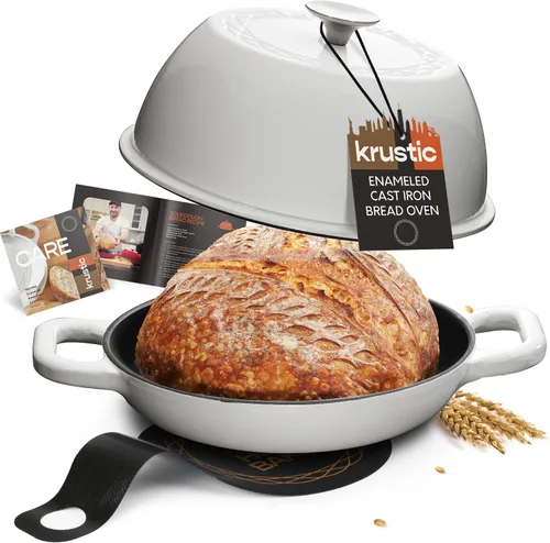 Miniatura 12 de Krustic Horno holandés de hierro fundido esmaltado para hornear pan de masa madre, olla de 6 cuartos de galón con tapa, juego de utensilios de Rojo