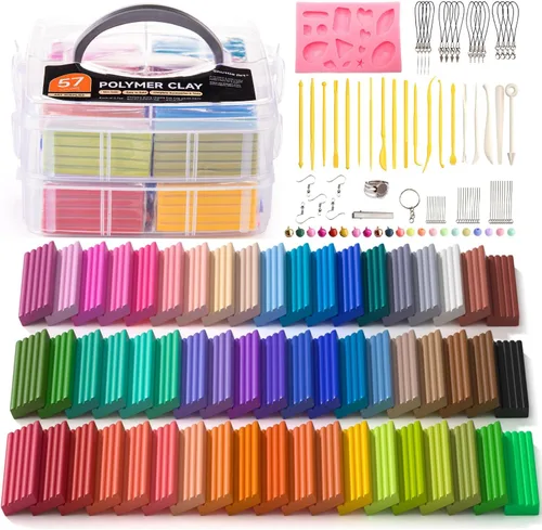 Kit de arcilla polimérica Shuttle Art, arcilla para horno de 57 colores para niños con 19 herramientas de talla y 10 accesorios, antiadherente, no