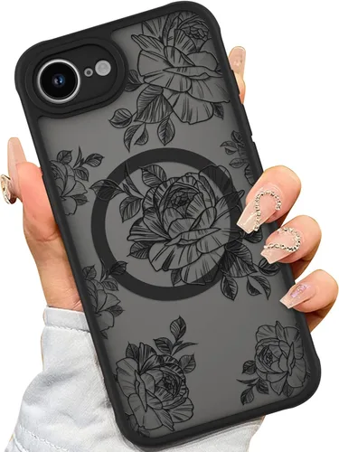 Miniatura 12 de AIGOMARA Funda para iPhone 13 Pro Max [compatible con MagSafe] Diseño de patrón floral de flores negras para mujeres y niñas, TPU suave, parte
