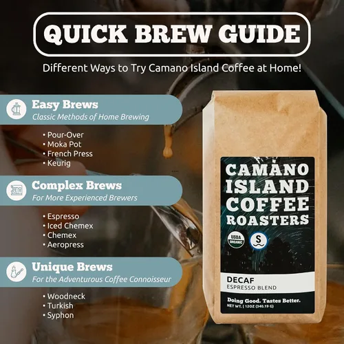 Miniatura 6 de Camano Island Coffee Roasters Mezcla de espresso descafeinado, grano entero de 12 onzas, tostado oscuro fresco de agua suiza procesada, orgánico