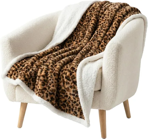Manta Sherpa de Vellón - 50x60 Pulgadas Lavable a Máquina Manta Reversible - Mantas Mullidas para Sofá, Silla o Cama por Lavish Home (Leopardo)