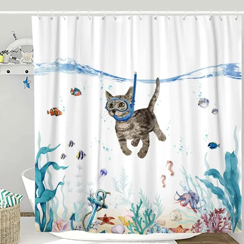 Miniatura 11 de Divertida cortina de ducha para perro, verde azulado, azul, mar, océano, impermeable, cortinas de ducha para baño con animales, pulpo, estrella