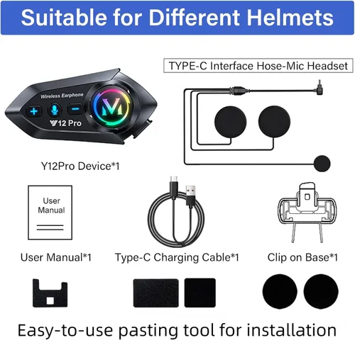 Miniatura 9 de Auriculares Bluetooth para casco de motocicleta, intercomunicador de 2 vías, 550 yardas, sonido HIFI, cancelación de ruido, compartir música, 1000