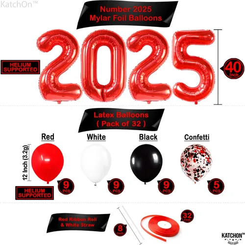 Miniatura 2 de KatchOn, Juego de 40 decoraciones de graduación rojas y negras 2025, globos rojos 2025, pancarta de felicitaciones para graduación de clase de 2025