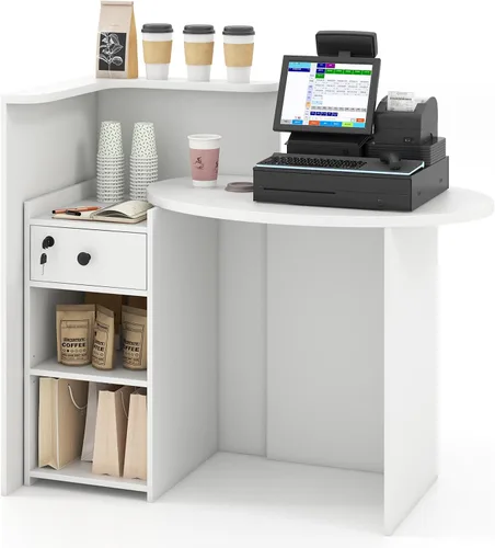 Miniatura 13 de Giantex Escritorio de recepción, mostrador delantero con cajón con cerradura, mesa de pago con mesa redonda, estante de esquina y estante ajustable