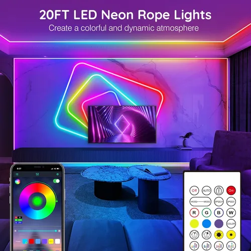 Miniatura 2 de Tira de luces de neón de 20 pies, cuerda de luces LED flexible con aplicación/control remoto, múltiples modos de luces, luces de neón LED RGB IP65