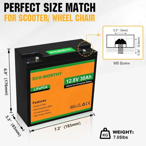 Miniatura 2 de ECO-WORTHY Batería de litio LiFePO4 de 12V 30Ah, batería recargable de ciclo profundo de 4000+ ciclos con BMS para radio de radioaficionado
