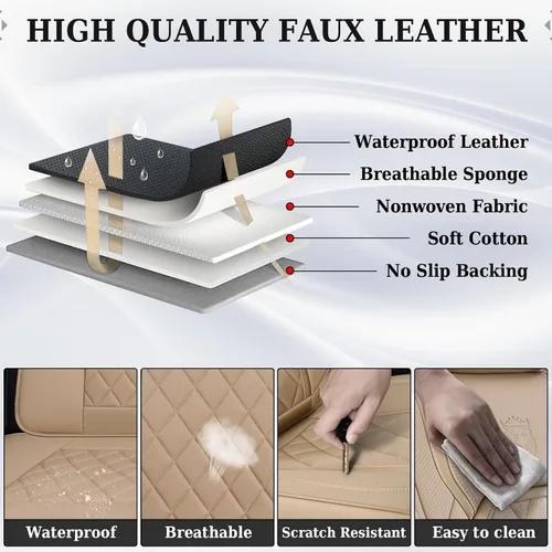 Miniatura 5 de Coverado Fundas de Asientos Delanteros, Funda de Asiento de Cuero Sintético de Lujo Impermeable, Protector de Asiento de Coche Beige, Funda