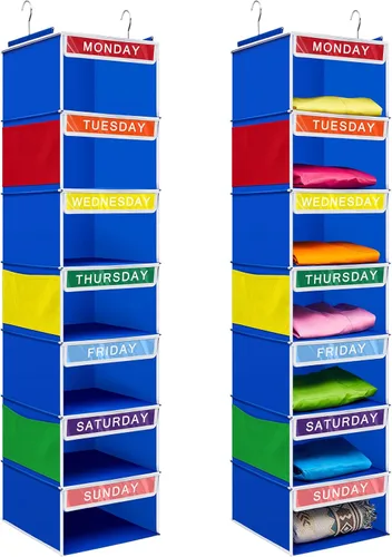 Amylove Organizador semanal de ropa para niños, 2 piezas, con 7 estantes, organizador colgante de armario de 11.8 x 11.8 x 50 pulgadas, actividades