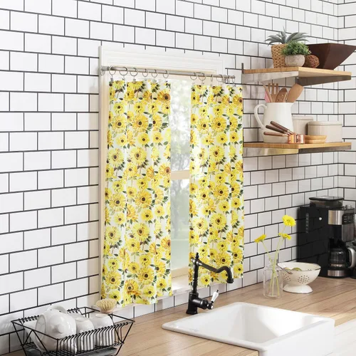 Miniatura 8 de No. 918 Sunbeam, cortina de cocina con diseño de girasoles y cenefas, semitransparentes, con bolsillo para barra, set con volantes y niveles, 54 x