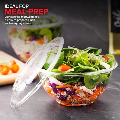 Miniatura 6 de Stock Your Home Tazones para ensaladas de plástico transparente de 32 onzas con tapas desechables (paquete de 50 unidades), recipiente mediano
