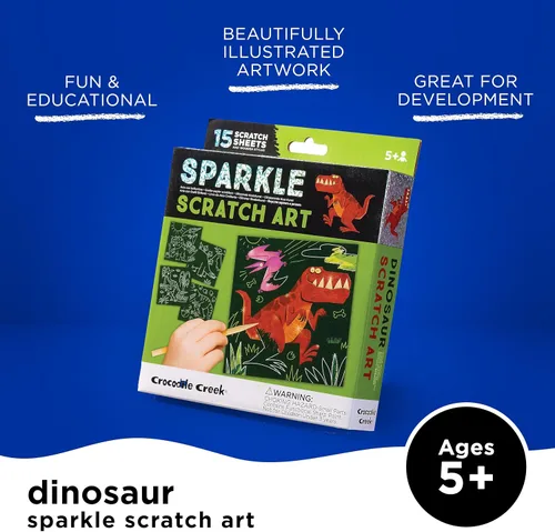Miniatura 2 de Crocodile Creek Dinosaurs Sparkle Scratch Art para niños, juego de 16 hojas de arte para rascar con 10 hojas temáticas, 5 hojas en blanco, plantilla