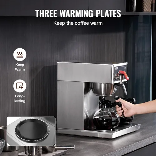 Miniatura 3 de VEVOR Cafetera Comercial de Goteo de 12 Tazas, Máquina de Café con 3 Jarras de Vidrio y 3 Platos Calentadores, Cafetera de Acero Inoxidable