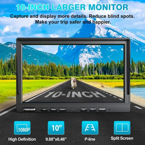 Miniatura 2 de Fookoo Sistema de cámara de respaldo inalámbrico HD de 10 pulgadas, monitor cuádruple dividido 1080P de 10 pulgadas con grabación, cámaras de visión