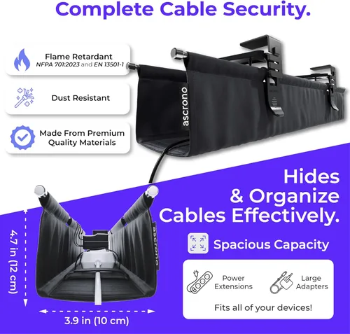Miniatura 6 de Ascrono Bandeja de organización de cables original sin taladros debajo del escritorio de 14.1 pulgadas, organizador de cables de tela negra de alta