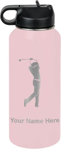 Miniatura 39 de LaserGram Botella de agua personalizada, golfista de golf, acero inoxidable de doble pared aislada al vacío con popote superior, regalo grabado Negro