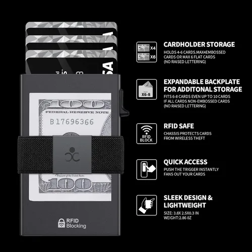 Miniatura 49 de Cartera delgada de aluminio para hombre, placa trasera expandible duradera, bloqueo RFID, billetera desplegable de metal minimalista, con capacidad
