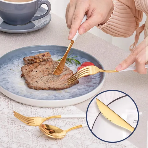 Miniatura 6 de Juego de cubiertos de acero inoxidable de 20 piezas, color oro blanco, para 4 personas, incluye tenedores, cucharas, cuchillos, utensilios