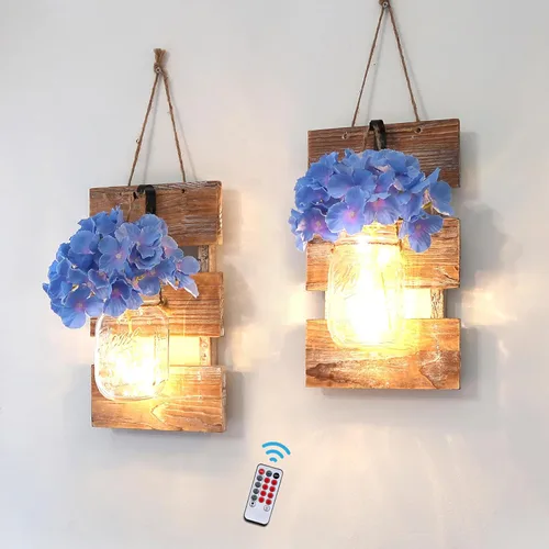 Miniatura 14 de Conjunto de Decoración de Pared Rústica de Dos Piezas - Apliques de Frasco Mason con Luces de Hadas LED y Flor de Rosa, Decoración del Hogar Arte