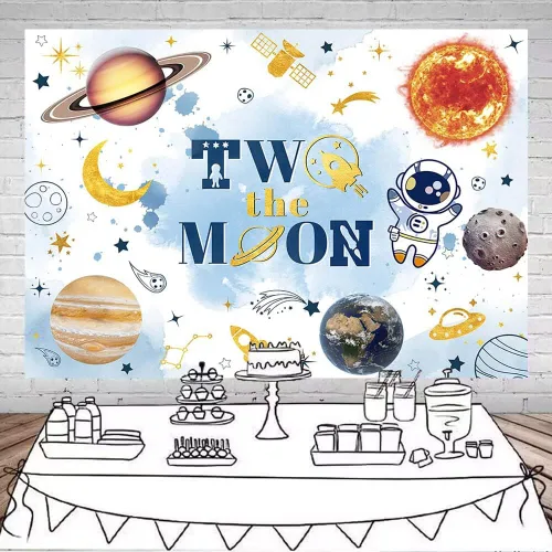 Miniatura 2 de Mocsicka Telón de fondo con texto en inglés «Two The Moon» para fiesta de segundo cumpleaños, espacio exterior, decoración de fondo del espacio Azul