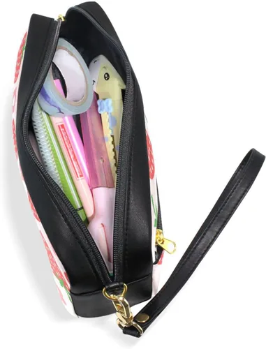 Miniatura 5 de Estuche portátil de gran capacidad con diseño floral de frutas de fresa, bolsa de maquillaje de piel sintética, organizador de maquillaje con asa