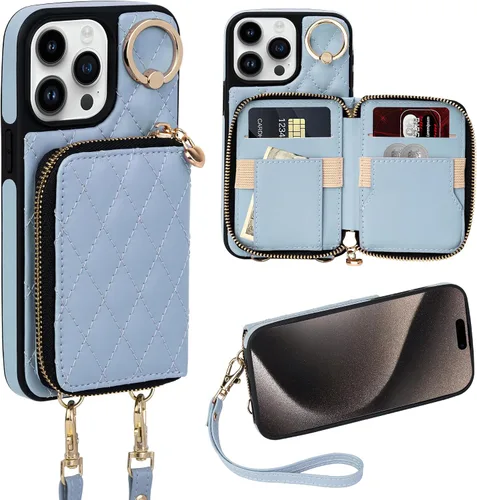 Miniatura 28 de Funda tipo cartera para iPhone 15 de 6.1 pulgadas, bolso cruzado con cremallera y correa para la muñeca con cordón para mujer, tarjetero con bloqueo