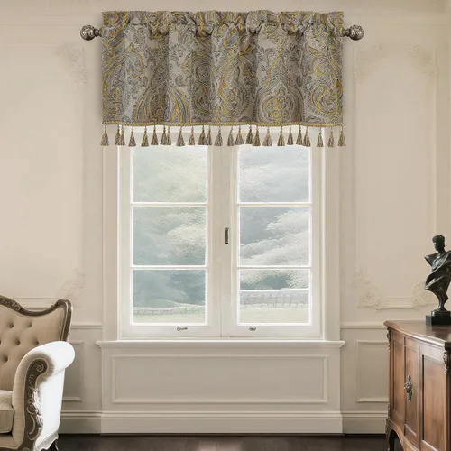 Miniatura 14 de Loom and Mill Cenefas de jacquard de lujo para ventana de sala de estar, elegante cenefa de cortina de damasco beige con ribete de cuentas, cortina