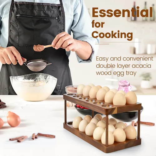 Miniatura 2 de Soporte para huevos de madera de doble capa, organizador de bandejas de huevos de acacia de cocina de granja, cesta de almacenamiento de huevos