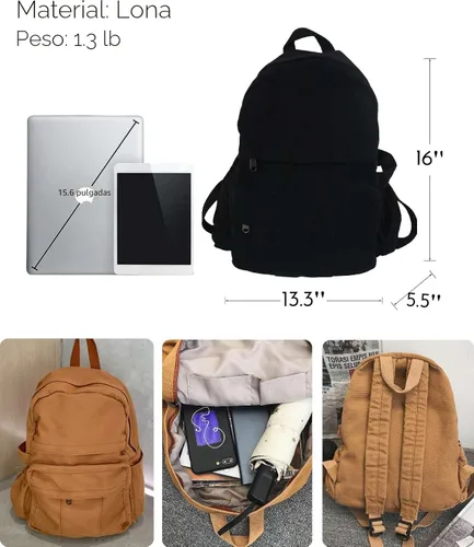 Miniatura 4 de Mochila de lona para mujer, mochila estética retro, mochila básica para estudiantes de secundaria/universidad, bolsa de viaje para laptop, Negro