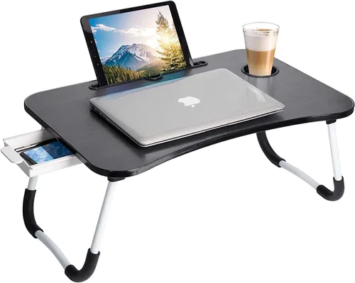 Mesa para portátil plegable, mesa de cama portátil, mesa de regazo con cajón de almacenamiento y soporte para tazas, mesa de lectura para portátil,