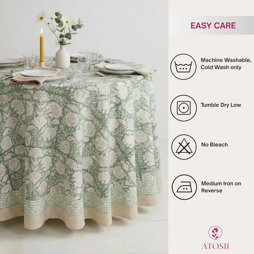Miniatura 6 de ATOSII Mantel Redondo Bohemio Jade de Algodón 100%, Mantel de Lino con Estampado Floral de Bloques para Comedor, Fiestas, Bodas, Exteriores I