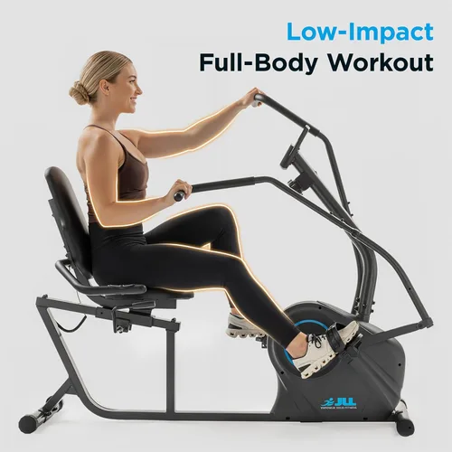 Miniatura 5 de JLL Smart Cross Trainer Bicicleta estática reclinada con ejercitadores de brazos, máquina estacionaria de resistencia magnética de 8 niveles, LCD