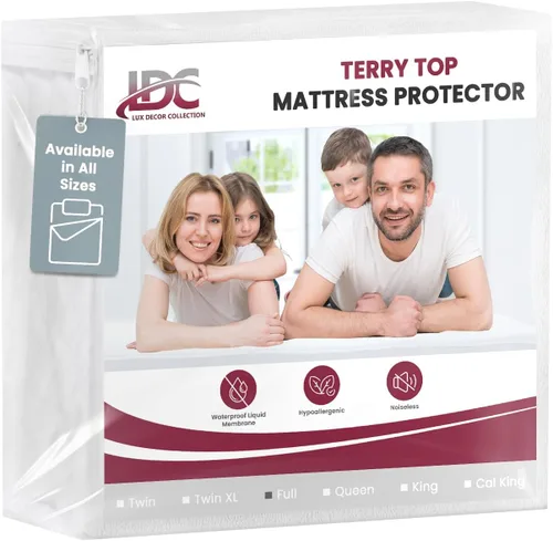 Miniatura 8 de LUX Décor - Protector de colchón de rizo completo 100 % impermeable, parte superior de tela de toalla suave, sin ruido, funda de colchón absorbente