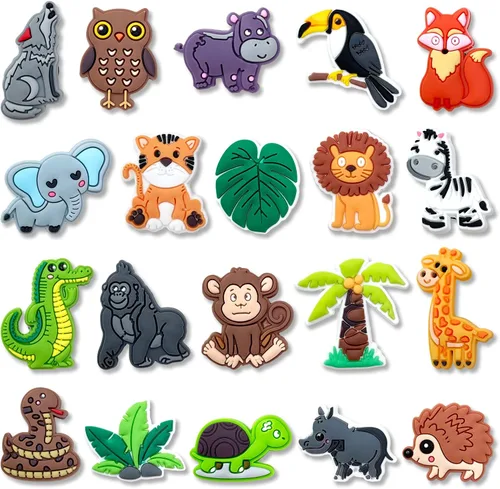 Hedbitoyo 20 35 dijes de decoración de zapatos de animales de la selva para decoración de zuecos, animales de safari, sandalias, accesorios para