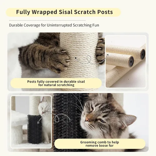 Miniatura 4 de Heybly Poste rascador para gatos, torre de árbol pequeño para gatos con 3 postes de sisal completos, cama de felpa extraíble, cepillo de aseo