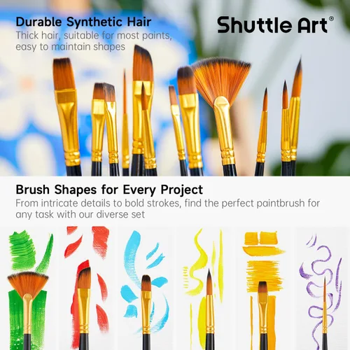 Miniatura 4 de Shuttle Art Juego de 12 pinceles de pintura con estuche, formas y tamaños surtidos para acrílico, acuarela, óleo y gouache, pinceles de artista Negro