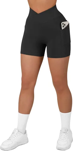 Miniatura 5 de OMKAGI - Pantalones cortos de entrenamiento de cintura cruzada para mujer con bolsillo, de 5 pulgadas de entrepierna, pantalones cortos de cintura
