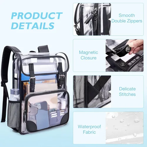 Miniatura 5 de mommore Mochila transparente resistente, grande, transparente, para escuela, PVC, aprobada para estadios, mochila transparente