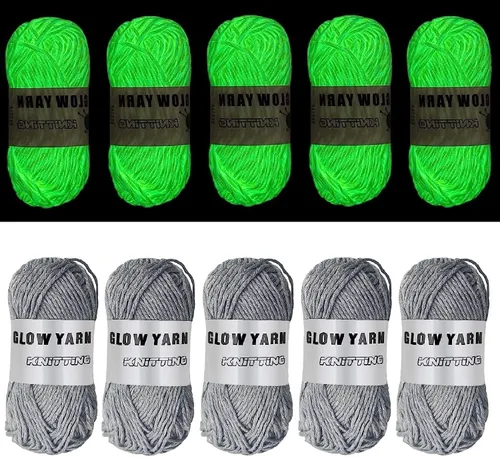 5 rollos de hilo que brillan en la oscuridad, 55 yardas de hilo de ganchillo luminoso para tejer, suministros de costura para tejer manualidades Gris