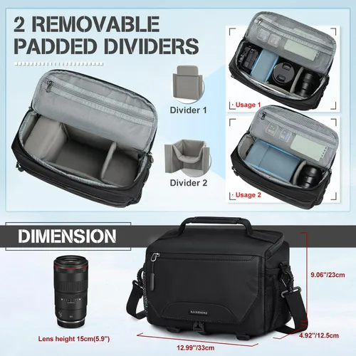 Miniatura 2 de RAINSMORE Bolsa para cámara, pequeña, de bandolera, para cámara DSLR/SLR/sin espejo, bolsa de hombro impermeable con soporte para trípode y cubierta