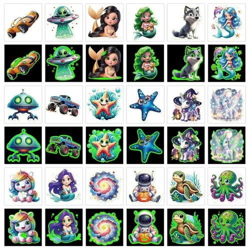 Miniatura 7 de Tatuajes temporales 3D que brillan en la oscuridad para niños, 117 unicornios, sirena, camión, dinosaurio, caricatura, animales, tatuajes falsos