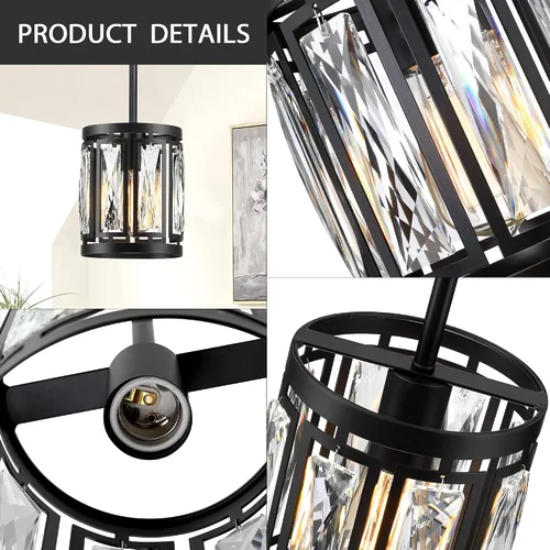 Miniatura 5 de Lámpara colgante de cristal con pantalla de tambor negra mate, araña de 2 paquetes para isla de cocina, luces de techo modernas para sala de estar