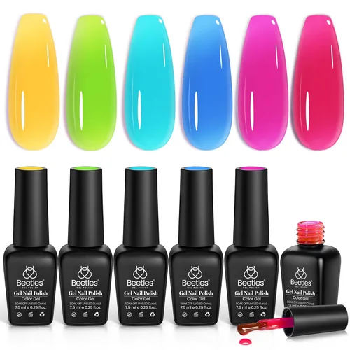 Miniatura 42 de Beetles - Juego de esmaltes de uñas en gel neón, 6 colores, rosado intenso, naranja, amarillo, verde, azul y morado, semipermanentes, uso
