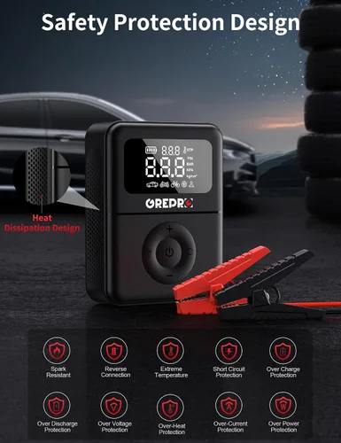 Miniatura 5 de GREPRO Arrancador de salto con compresor de aire, batería de 5000 A portátil (10.0 L de gas/8.0 L diesel), inflador de neumáticos de 150 PSI